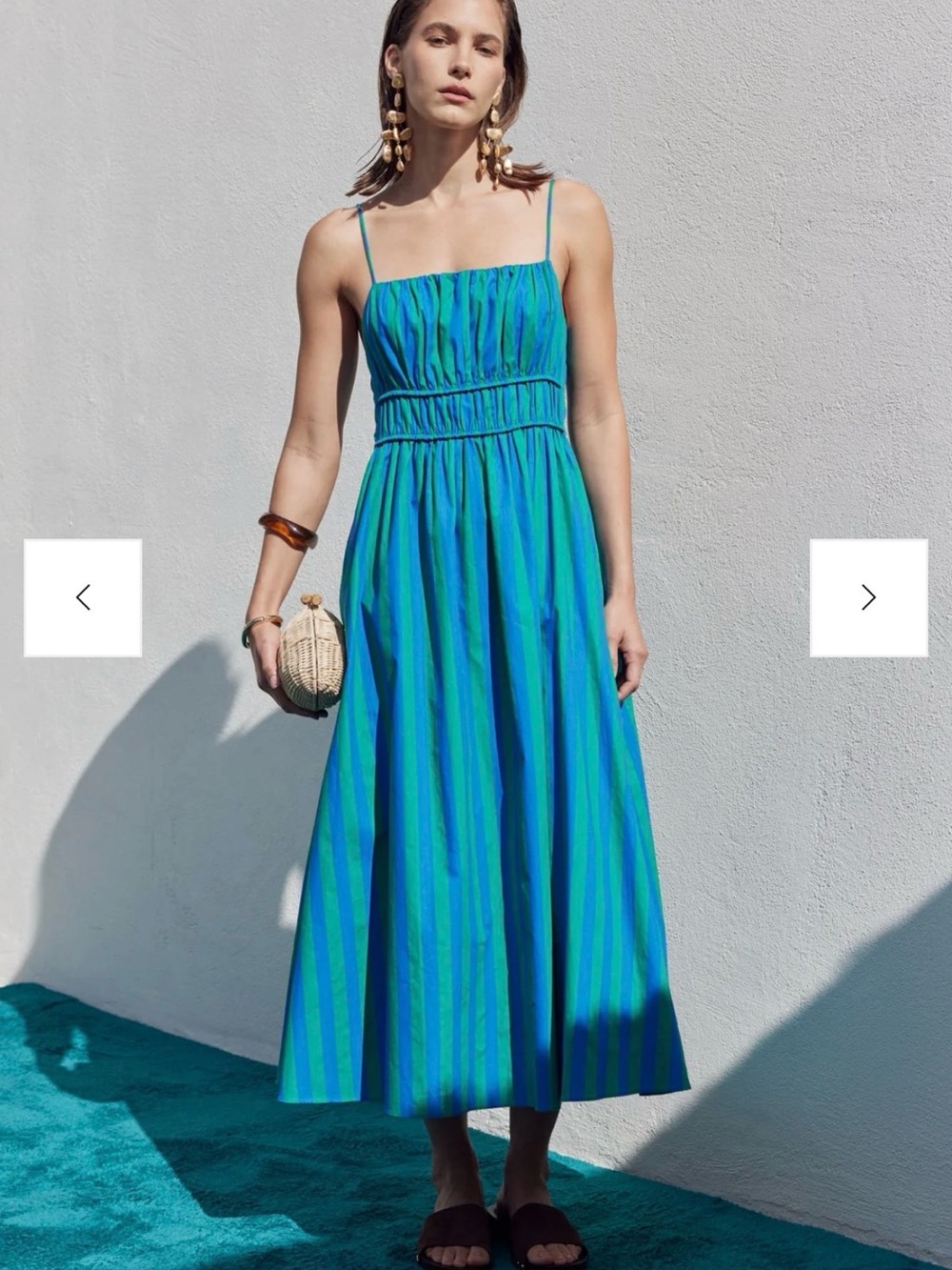 English Factory Poplin Striped Spaghetti‑Strap Maxi Dress in Teal & Blue S